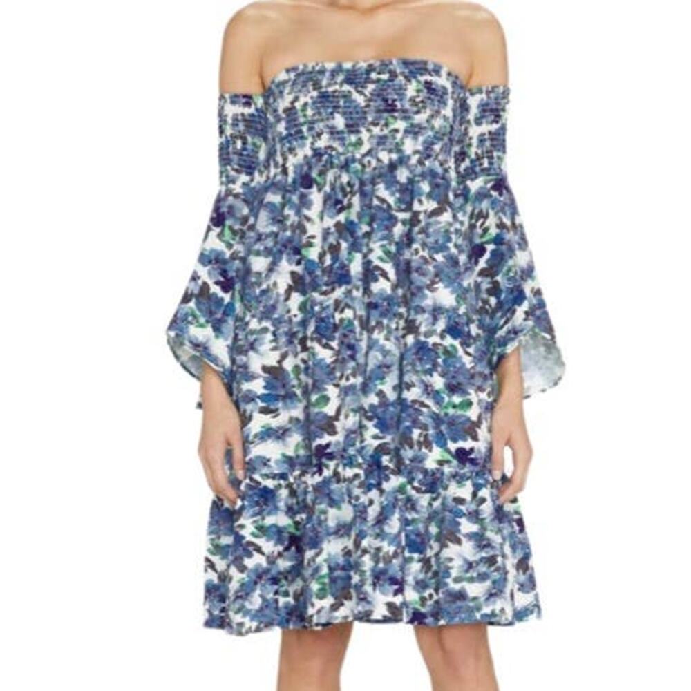 Autumn Adeigbo Julia Blue White Floral Ruffle Bell Sleeve Off-Shoulder Dress 0